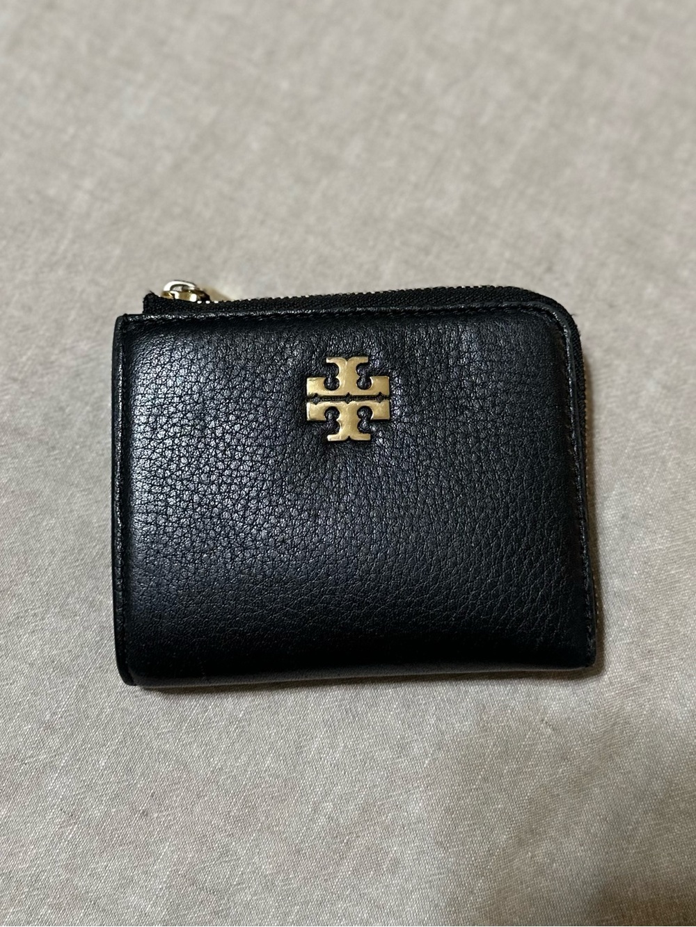Tory Burch Black Pebbled Leather Zip Wallet with Gold Logo